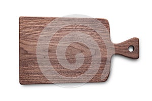 Handmade walnut wood chopping board with knife score on white background