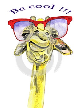 Handmade watercolor card with cheerful giraffe in red glasses.