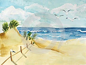 Handmade watercolor drawing of seashore