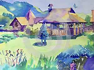 Handmade watercolor painting of rural landscape