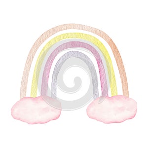 Handmade watercolor rainbow and clouds in neutral pastel color.