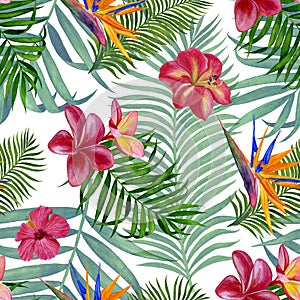 Handmade watercolour painting. Floral tropical seamless pattern for wallpaper or fabric.