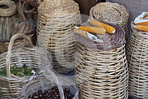 Handmade wicker baskets made from corn cobs and chestnuts