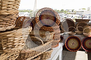 Handmade wicker baskets at traditional local bazaar in Uzbekistan.