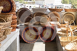 Handmade wicker baskets at traditional local bazaar in Uzbekistan.