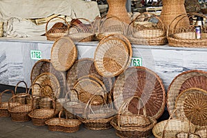 Handmade wicker baskets at traditional local bazaar in Uzbekistan.