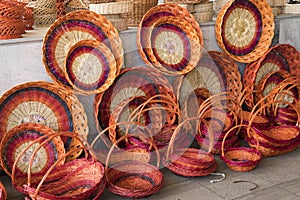 Handmade wicker baskets at traditional local bazaar in Uzbekistan.