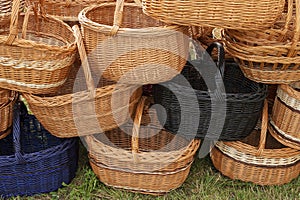 Handmade wicker baskets. Traditional woven containers made by hand from a natural material