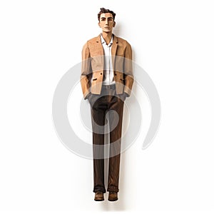 Handmade Wood Male Sculpture In Retro-style Brown Suit