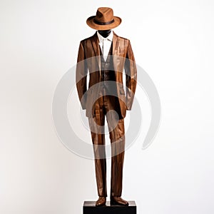 Handmade Wood Male Suit And Hat Stand On White Background