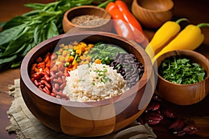 handmade wooden bowl holding rice, beans, and colorful veggies