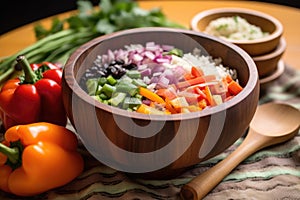 handmade wooden bowl holding rice, beans, and colorful veggies