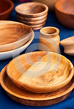 Handmade wooden bowls at a local baazar