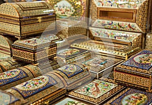 Handmade Wooden Boxes with Marquetry Design in the Form of Persian Khatam Inlay in Isfahan of Iran