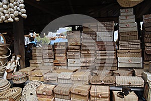 handmade wooden boxes woven from a vine at the Sorochinskaya fair in Ukraine. Rustic