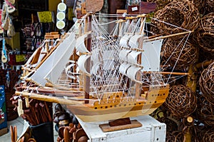 Handmade wooden caravel sold at a handicraft fair in Bahia in Brazil