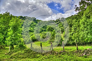 Handmade wooden fence for pasturing farm animals in a green field