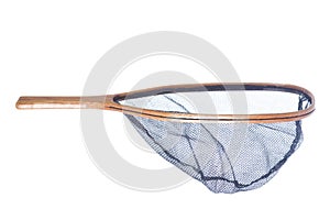 Handmade wooden flyfishing net isolated on white