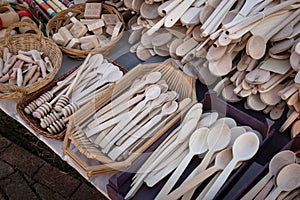 Handmade wooden kitchen utensils, selling on street market