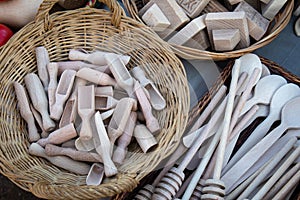 Handmade wooden kitchen utensils, selling on street market