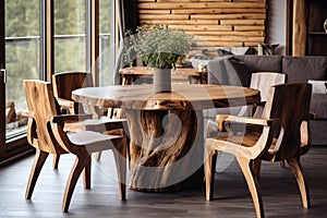 Handmade wooden log furniture, dining table and chairs. Rustic interior design of modern living room