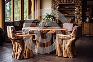 Handmade wooden log furniture, dining table and chairs. Rustic interior design of modern living room