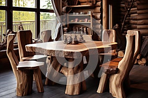 Handmade wooden log furniture, dining table and chairs. Rustic interior design of modern living room in country house