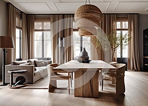 Handmade wooden log furniture, dining table and chairs. Rustic interior design of modern living room. Created with generative AI