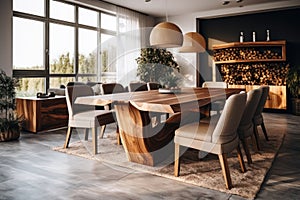 Handmade wooden log furniture, dining table and chairs in spacious room. Interior design of modern living room