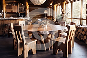 Handmade wooden log furniture, round dining table and chairs