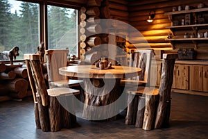 Handmade wooden log furniture, round dining table and chairs. Rustic interior design of modern living room