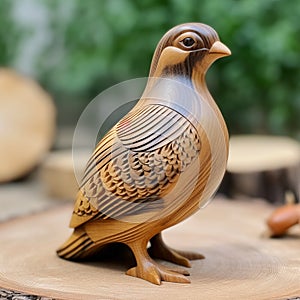 Handmade Wooden Quail Statue In Traditional Essence Style