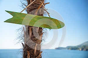 Handmade wooden sign pointing towards the beach, set against a clear sky