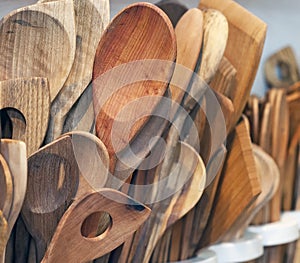 Handmade wooden spoons presented in a shop