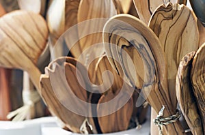 Handmade wooden spoons presented in a shop