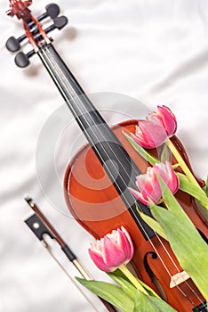 Handmade wooden violin and flower composition