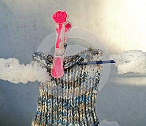 Handmade, wool socks on the clothesline