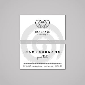 Handmade workshop business card design concept. Handmade workshop logo with hands making heart. Vintage, hipster and retro style.