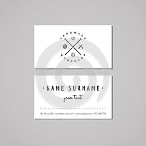 Handmade workshop business card design concept. Handmade workshop logo with yarn ball, knitting needles, scissors, heart and