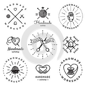 Handmade workshop logo vintage vector set. Hipster and retro style. photo