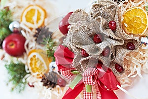 Handmade wreath decoration from natural fir branches for decoration on and winter Christmas holidays