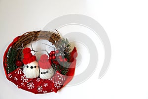 Handmade wreath with white birds in Christmas theme