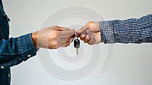 Handoff of car keys against a neutral backdrop, symbolizing ownership transfer. An everyday transaction captured simply