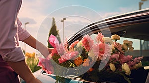 Posuň dodávka muž stojící další na auto držení vibrující z čerstvý krásný květiny představí 
