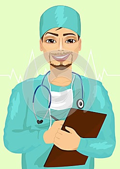 Handosme male doctor or nurse with stethoscope taking notes