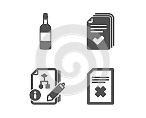 Handout, Algorithm and Brandy bottle icons. Delete file sign. Documents example, Project, Whiskey. Vector