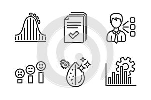 Handout, Roller coaster and Customer satisfaction icons set. Third party, Dirty water and Seo graph signs. Vector