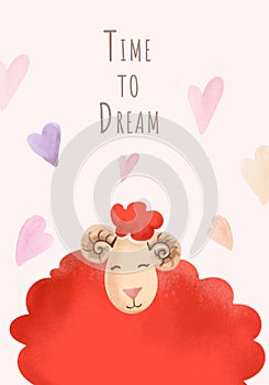 Handpainted cartoon red lamb with heart