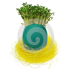 Handpainted Easter egg in multicolored patterns and decors in a