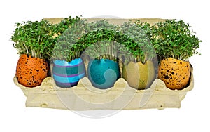 Handpainted Easter egg in multicolored patterns and decors in a